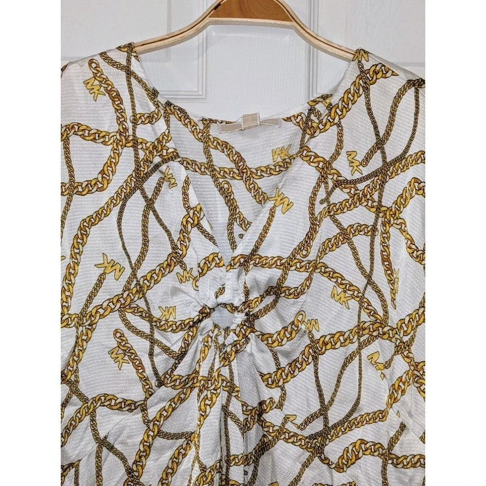 Michael Kors Chain Print Top Blouse Keyhole Neck Short Sleeve‎ White 1X